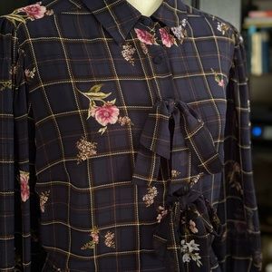 Nordstrom 1901 Blue Plaid Floral Shirt Dress Long Sleeve Bow Accents NWOT